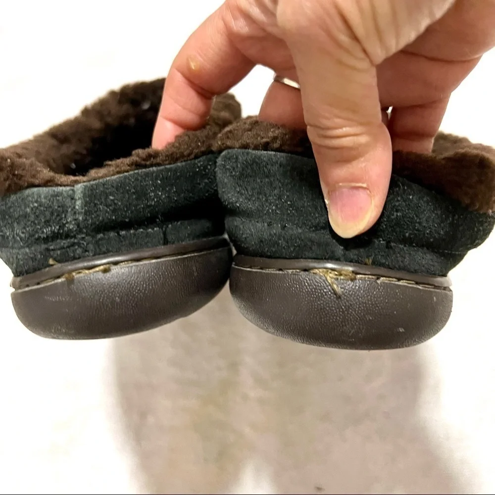 Lands' End Men's Suede Shearling Fur Clog Slippers - Black brown size 9.5